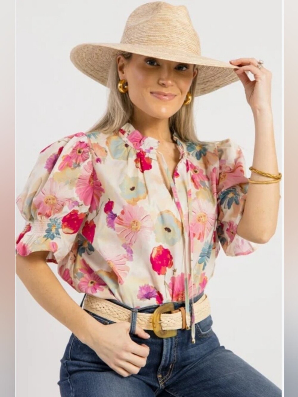Floral Puff-Sleeve Tie-Neck Top in Cream and Pink